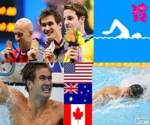 yapboz Yüzme Erkekler 100 metre serbest podyum, Nathan Adrian (ABD), James Magnussen (Avustralya) ve Brent Hayden (Canada) - Londra 2012-